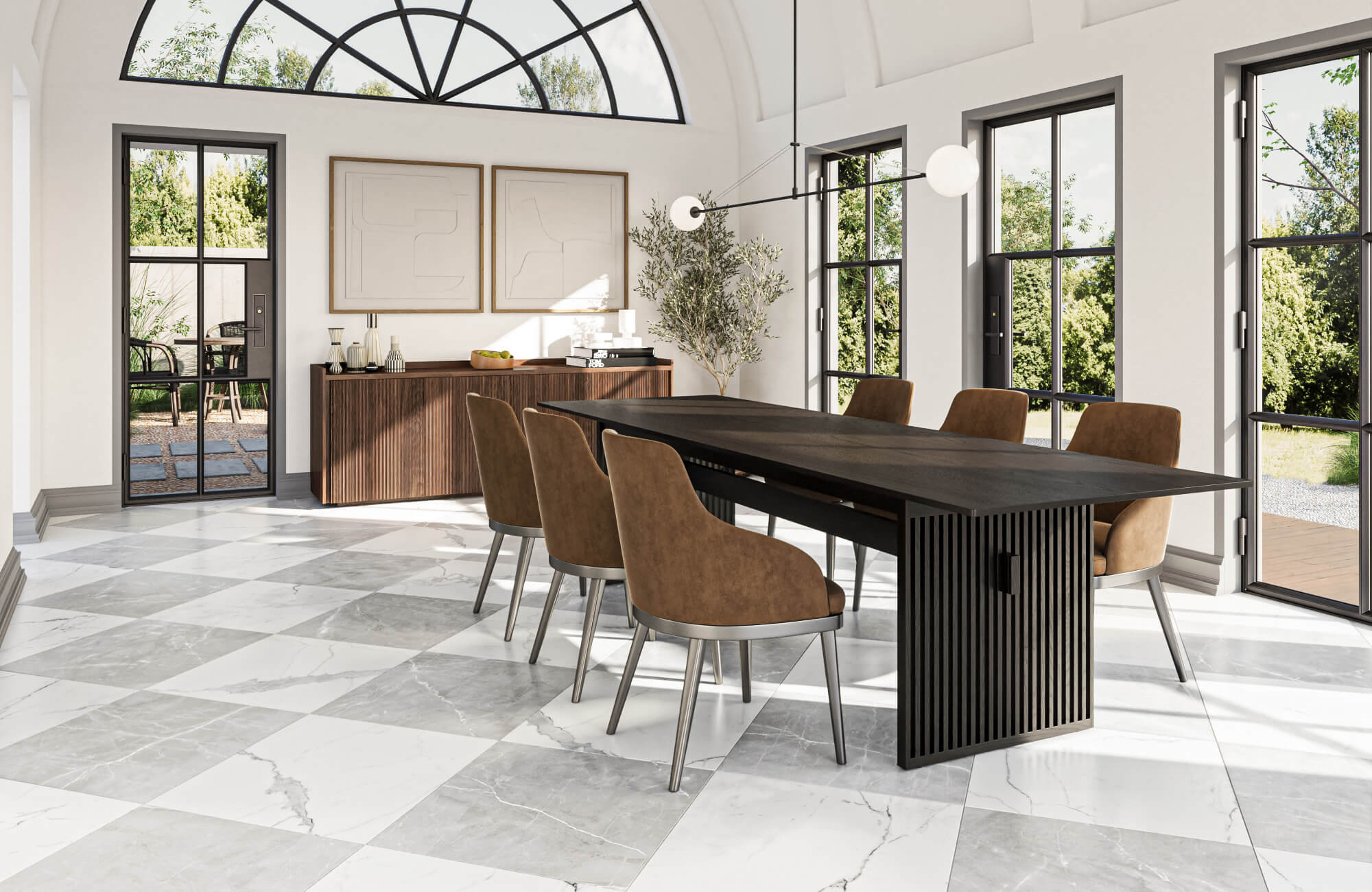 null Spacious dining room with large windows, featuring a dark wooden table, brown chairs, and stylish grey and white checkered marble look flooring