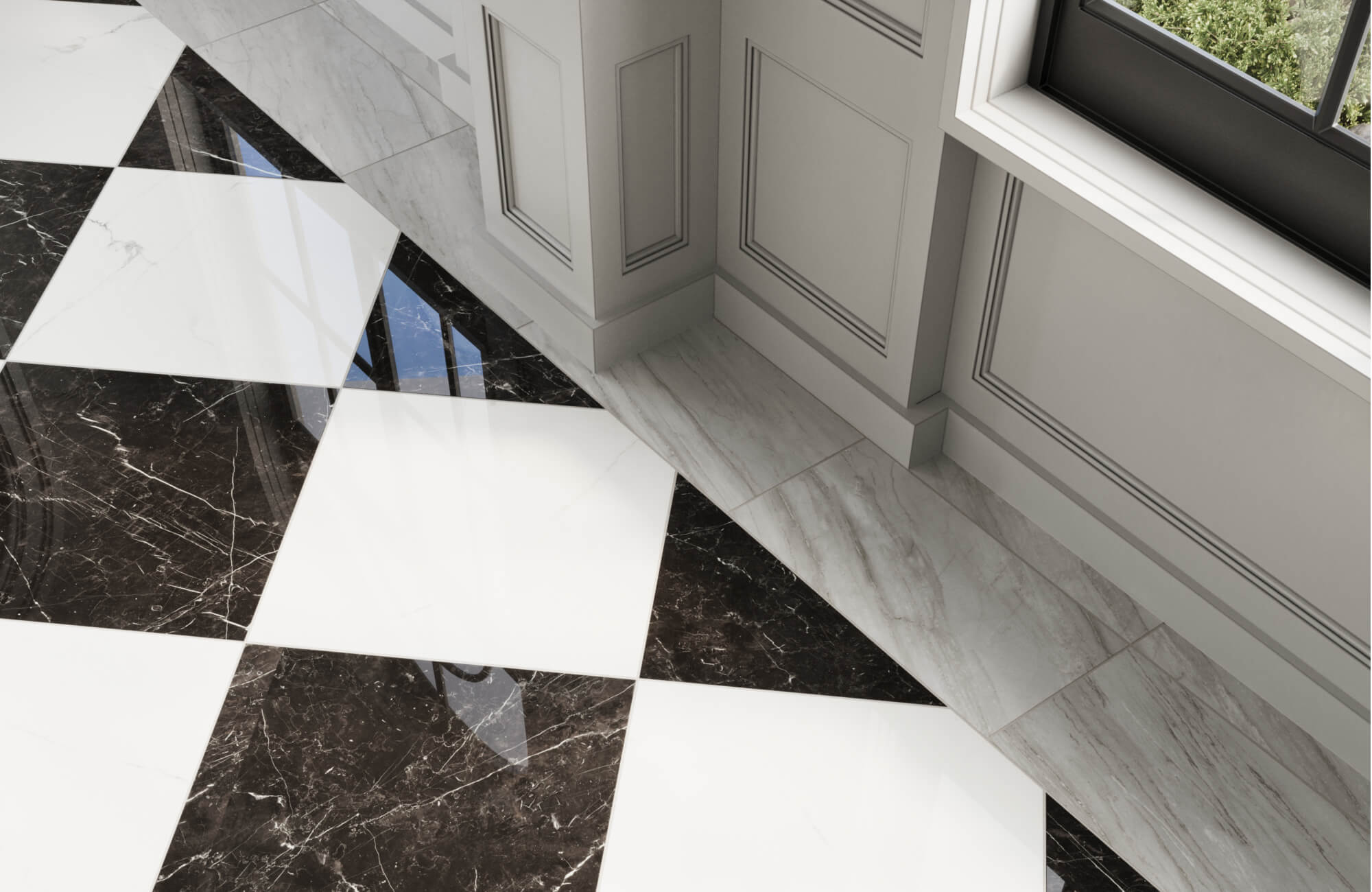 null Close-up of black and white checkered marble look flooring in a well-lit, elegant room with paneled walls and a large window