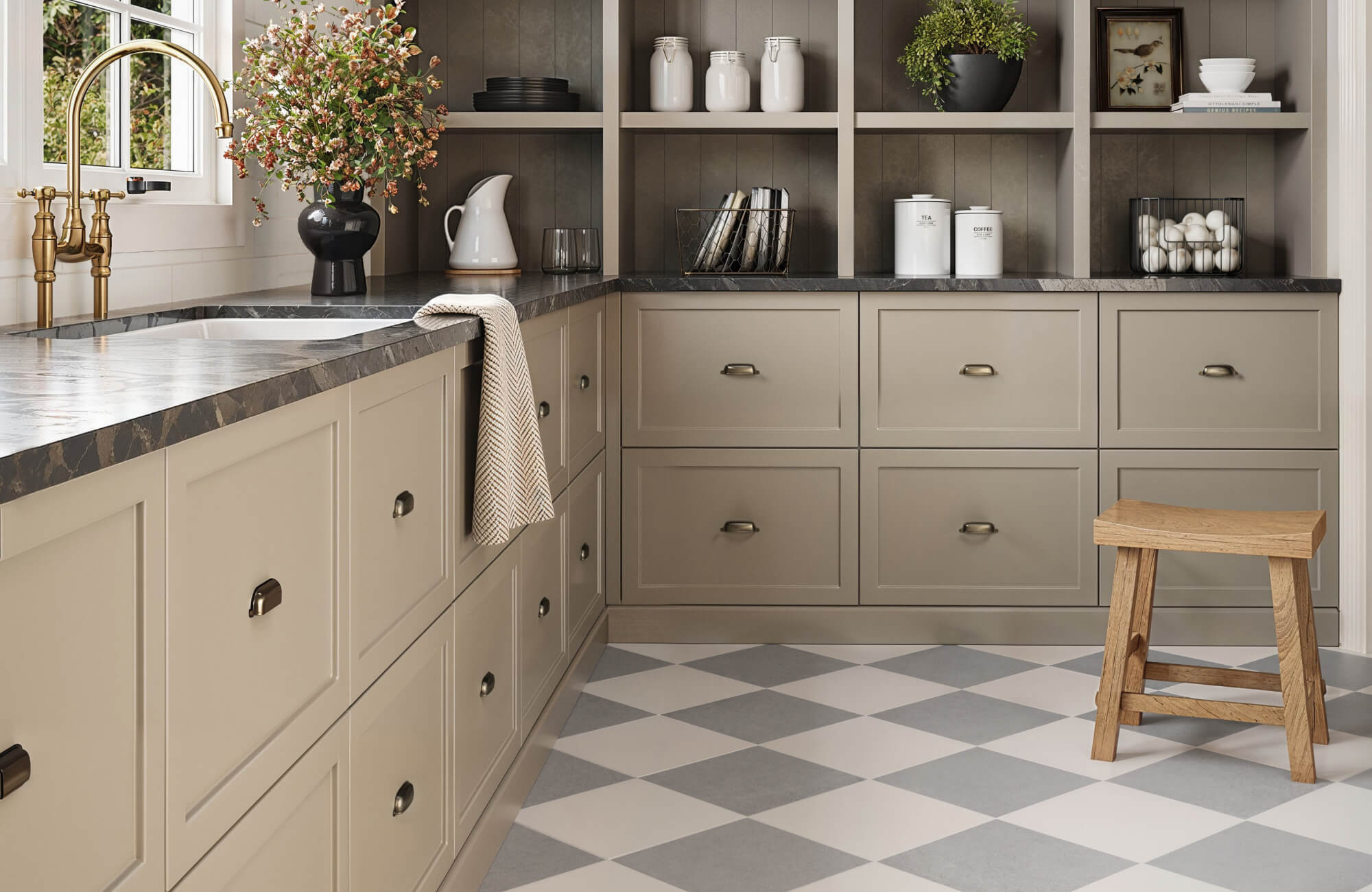 null Cozy kitchen with beige cabinets, a gray countertop, and a classic checkered floor. Open shelves display jars, dishes, and decor