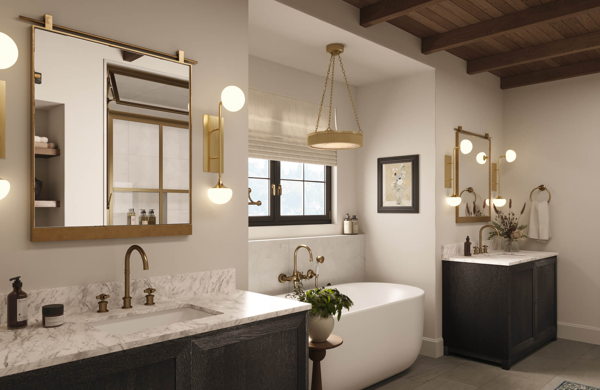 null Luxurious bathroom featuring layered light with globe wall sconces, a statement chandelier, and soft natural daylight, creating a perfectly balanced ambiance that enhances the room’s warmth, elegance, and spa-like serenity.