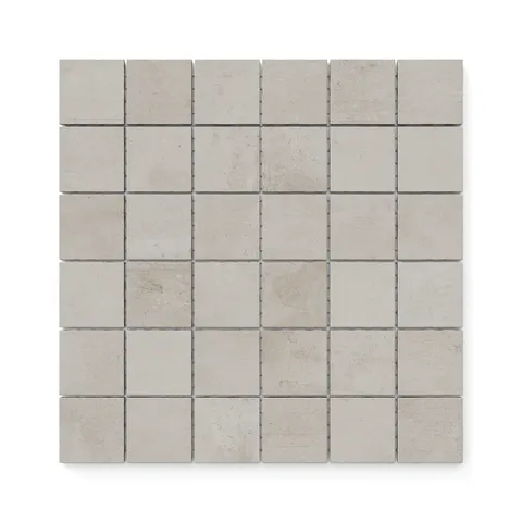 Matte porcelain 2x2 mosaic tile, featuring soft neutral tones and a subtle textured concrete finish