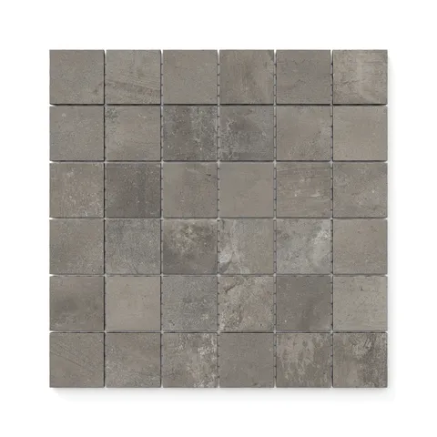 2x2 matte mosaic porcelain tiles featuring deep gray-brown tones and a weathered concrete texture, ideal for modern interiors