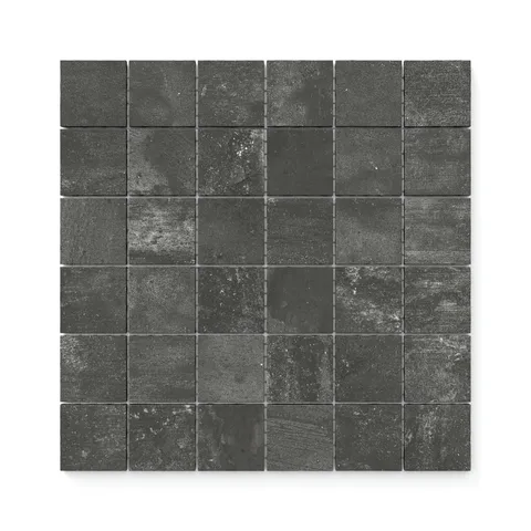 Richly concrete textured 2x2 matte mosaic porcelain tiles in a deep dark gray shade, ideal for creating a bold and modern aesthetic