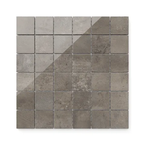 2x2 mosaic porcelain tiles showcasing rich grayish-brown hues and a polished finish for a sleek, modern concrete style
