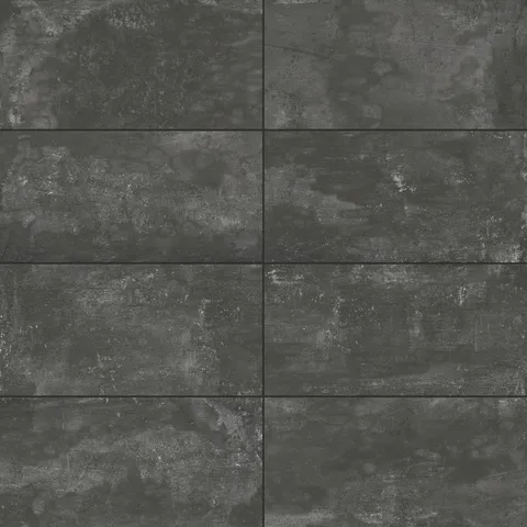 12x24 matte porcelain tiles featuring a bold dark gray tone with subtle textured concrete patterns for a dramatic and modern look
