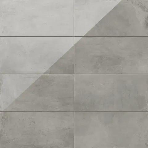 12x24 porcelain tiles combining light brown and medium gray tones with a sleek, polished concrete finish for modern sophistication