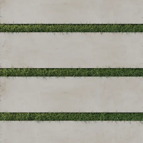 12x48 porcelain pavers in light gray-beige tones, offering a concrete-inspired finish with grassy joints for seamless outdoor integration