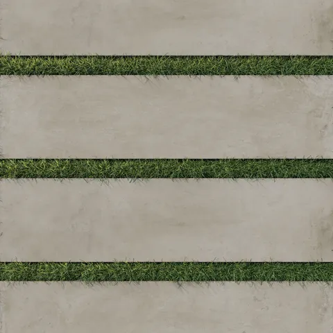 12x48 porcelain pavers in lighter taupe tones, designed for outdoor spaces with a natural concrete texture and grassy separations