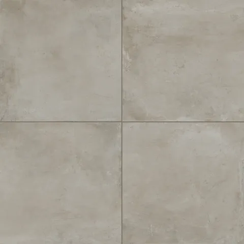 24x24 matte porcelain tile showcasing light neutral grayish-brown tones and organic concrete texture, perfect for minimalist interiors