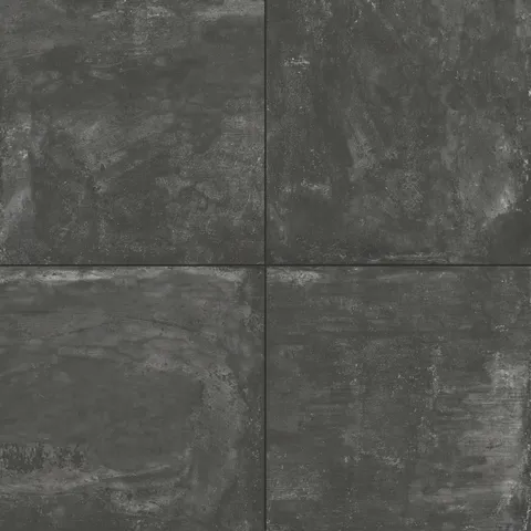 24x24 matte porcelain tile showcasing a rich black finish with distressed concrete detailing, perfect for bold, modern designs