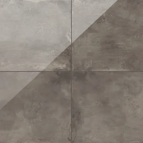 24x24 porcelain tile featuring deep gray tones with brown undertones and a polished surface, ideal for sleek contemporary designs