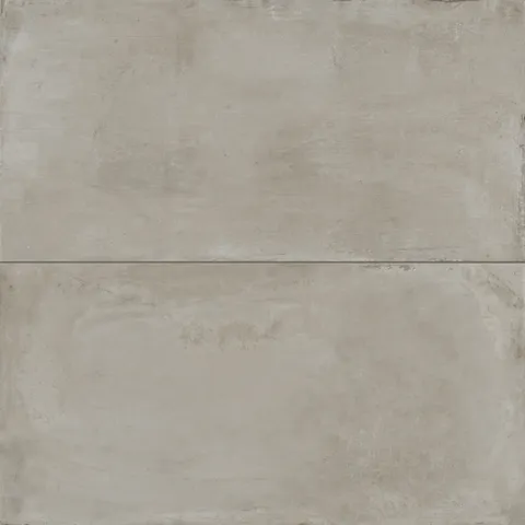 24x48 matte porcelain tiles featuring subtle gray hues with brown undertones and a soft, industrial-inspired concrete texture