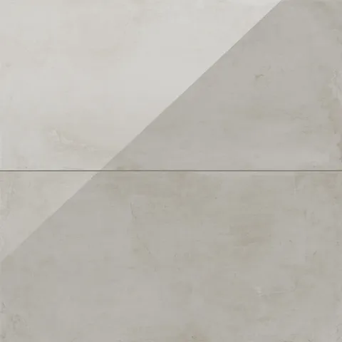 Polished off-white to light gray 24x48 tile with subtle beige undertones, offering a clean and modern concrete-like aesthetic