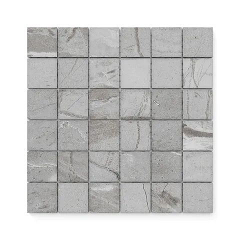 Grey mosaic tiles with a matte finish and intricate veining, designed with a textured surface to bring a sophisticated and modern appeal to any space.