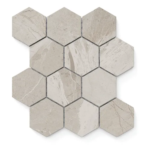 Matte hexagonal tiles in a warm taupe tone, featuring organic veining that adds texture and a timeless appeal.