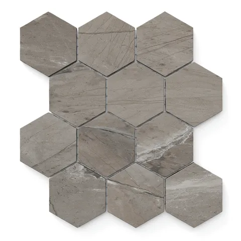 Brown matte hexagonal tiles, accented with delicate veining, offer a sleek and modern aesthetic.