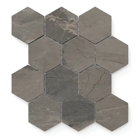 Hexagonal matte porcelain tiles in brown, showcasing natural veining for a modern, organic aesthetic.