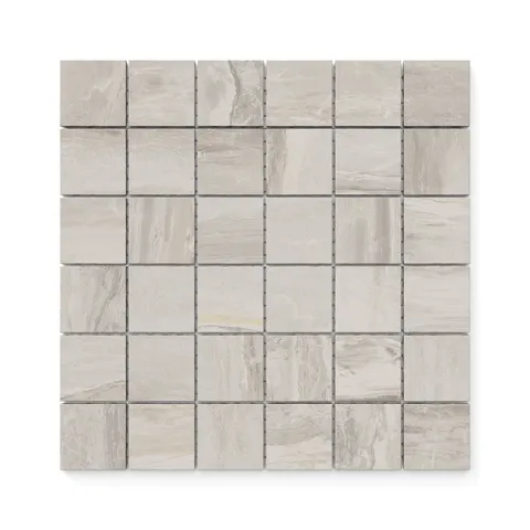 Harley Greige 2x2 matte mosaic tiles, showcasing a soft blend of beige and taupe tones with natural stone-inspired patterns, perfect for versatile designs.