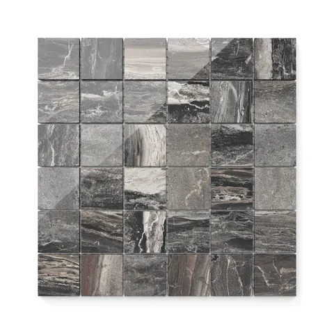 The brown 2x2 polished mosaic tiles, highlighted by dramatic veining and unique textures, offer a stunning, upscale appearance perfect for elevating any room.