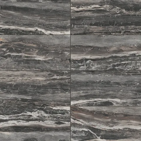 Close-up of Harley Graphite 12x24 matte tiles, featuring brown and dark grey hues with intricate veining for a bold and sophisticated aesthetic.