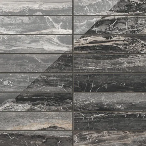 The rich brown 3x12 polished tiles, with dramatic veining in contrasting light and dark shades, provide a luxurious, eye-catching aesthetic perfect for modern spaces.