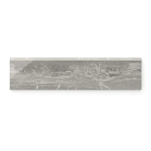 3x12 polished bullnose tile features refined taupe hues and delicate veining, offering a sleek and elegant edge detail for any design.