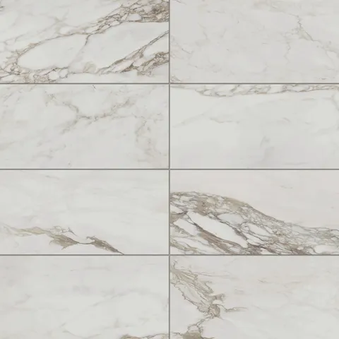 Taupe matte porcelain marble look tiles featuring intricate golden and grey veining on a soft white base, perfect for floors and walls.