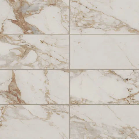 Calacatta Gold matte porcelain tiles in beige with 12x24 size, showcasing bold golden and grey veining on a creamy white surface, radiating luxury and sophistication.