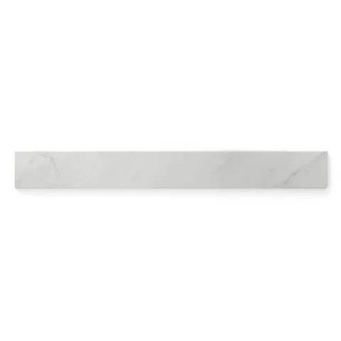 Alaska Glacier matte bullnose trim tile in a 3x24 size, featuring soft white and grey marble veining for a seamless, polished finish.