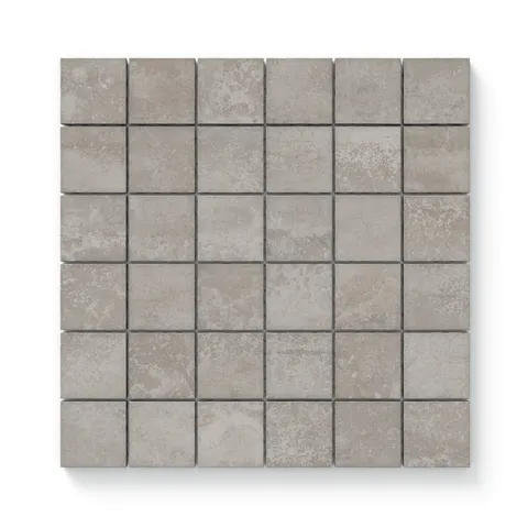 Matte 2x2 taupe mosaic tiles showcasing a warm, earthy tone and subtle stone-like texture, perfect for cozy yet modern interiors