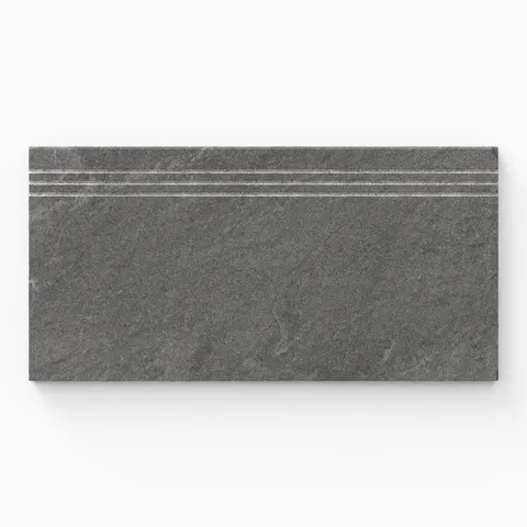 Bowden 12x24 Grip Porcelain 2cm Coping / Stair Tread in Charcoal, showcasing a rich dark gray finish for a bold outdoor aesthetic.