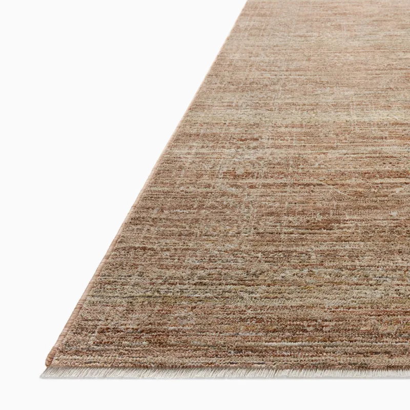 Close-up of a beige and brown area rug with subtle fringe edges, highlighting its soft texture and woven detail.