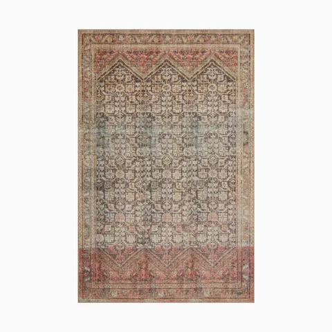 Power-loomed polyester rug with a smoke-gray base and multi-tonal accents, featuring a transitional geometric border and intricate pattern.