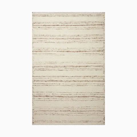 Handwoven rug made of wool, cotton and rayon with an off-white base and subtle, irregular brown horizontal stripes, offering a natural, textured look.