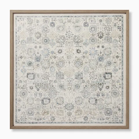 Wall art with an off-white base layered in intricate floral rosettes and geometric medallions, accented by warm neutral tones and subtle blue-gray details.