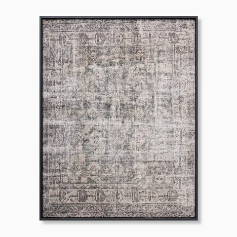Wall art featuring muted taupe and dark gray tones, softly faded ornamental motifs, layered textures, and an atmospheric, timeworn finish framed in black.