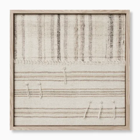Framed textile wall art with weathered linear patterns, stitched accents, and overlapping neutral-toned fabrics with subtle contrast.