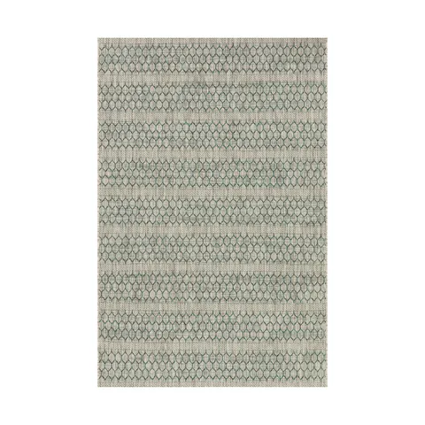 Woven indoor/outdoor rug featuring a repeating honeycomb-like pattern in blue green and gray tones, offering subtle texture and modern charm.