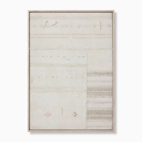 Vertical framed textile artwork featuring hand-stitched panels with subtle stripes, woven details, and soft pops of color on a neutral base.