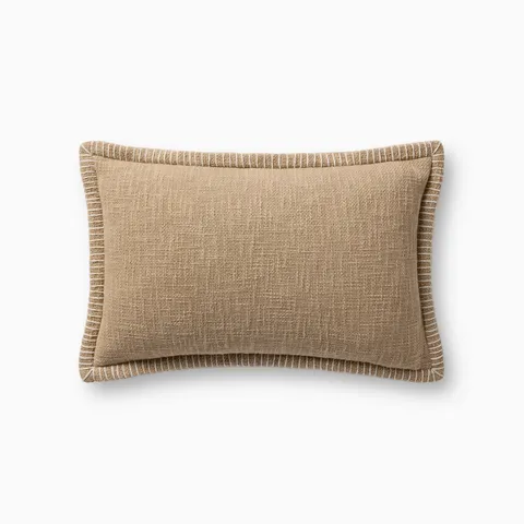 A rectangular 13” x 21” pillow in soft tan, featuring textured fabric, white whipstitched edges, and an antique bronze zipper hidden behind a tailored flap, with a cool, breathable cotton cover.