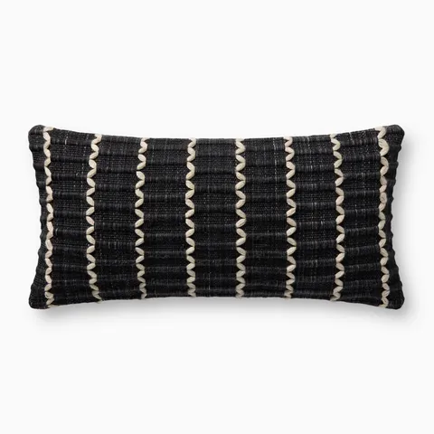 Marisette 12x27 pillow cover in black with white looping thread pattern, dimensional knife-edge profile, and durable woven texture.