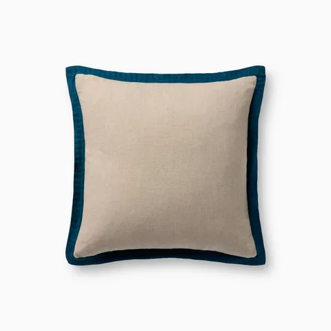 Brielle 18x18 pillow cover featuring soft beige linen framed with a blue cotton flange and subtle hand-stitched detailing.