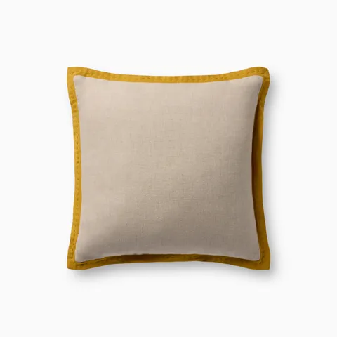 Brielle 18x18 pillow cover in beige linen framed by a mustard cotton flange with hand-stitched detailing and subtle rustic charm.