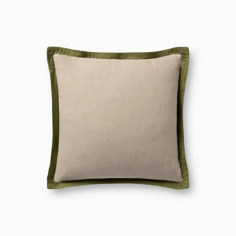 Brielle 18x18 pillow cover featuring a beige linen surface, green cotton flange, hand-stitched edges, and a refined earthy finish.