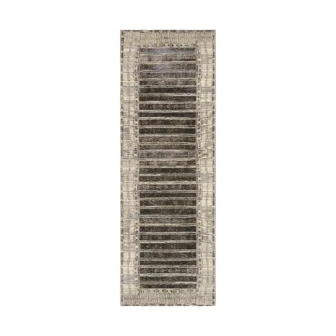 Long runner rug featuring layered horizontal stripes with subtle texture, bordered by a woven geometric frame in gray, taupe, and beige tones, designed for hallways or narrow spaces.