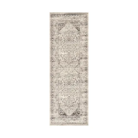 Narrow runner rug featuring a softly distressed vintage-style medallion pattern with layered borders, rendered in a muted neutral palette of ivory, beige, and gray for an elegant, timeworn appearance.