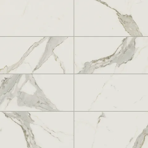 Matte Calacatta Top porcelain marble look tile in 12x24 format, featuring light grey veining on a crisp white background for a sleek, contemporary appeal.
