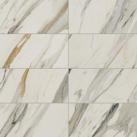Matte Calacatta Cremo porcelain marble look tile in 12x24 format, featuring warm taupe and light grey veining on a beige base for timeless elegance.