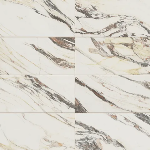 Matte Calacatta Viola porcelain marble look tile in 12x24 format, showcasing dramatic brown and gold veining on a creamy white surface for bold elegance.