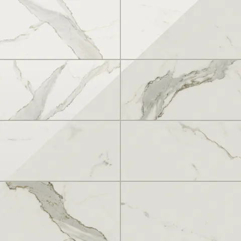 Polished Calacatta Top porcelain marble look tile in 12x24 format, featuring light grey veining on a crisp white background for a modern, sophisticated look.